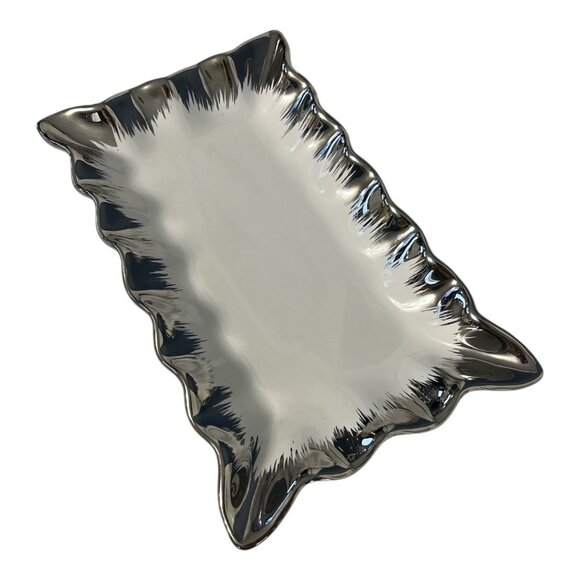 Nicole Miller Home Silver Ceramic Rectangular Ruffled Edge Serving Platter – 10 - Picture 2 of 5